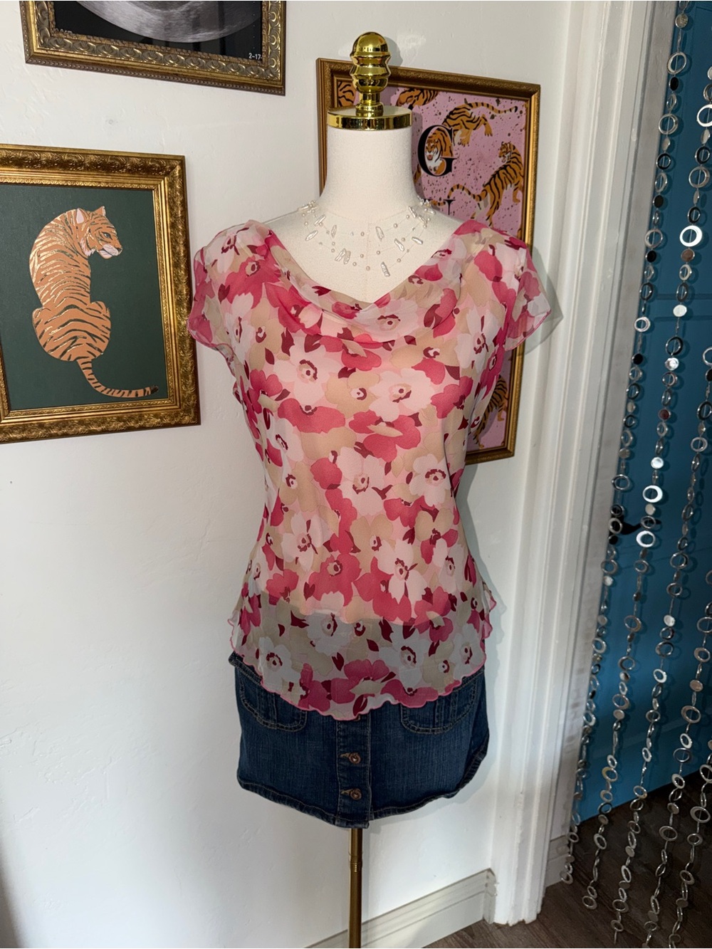 Vintage Y2K Pink Floral Cap-Sleeve Blouse
